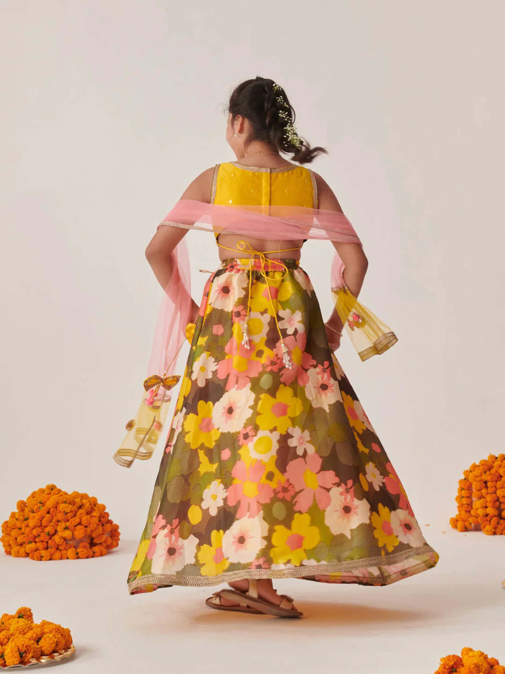 Girl's Yellow Lehenga Choli Set with Silk Blend and Net