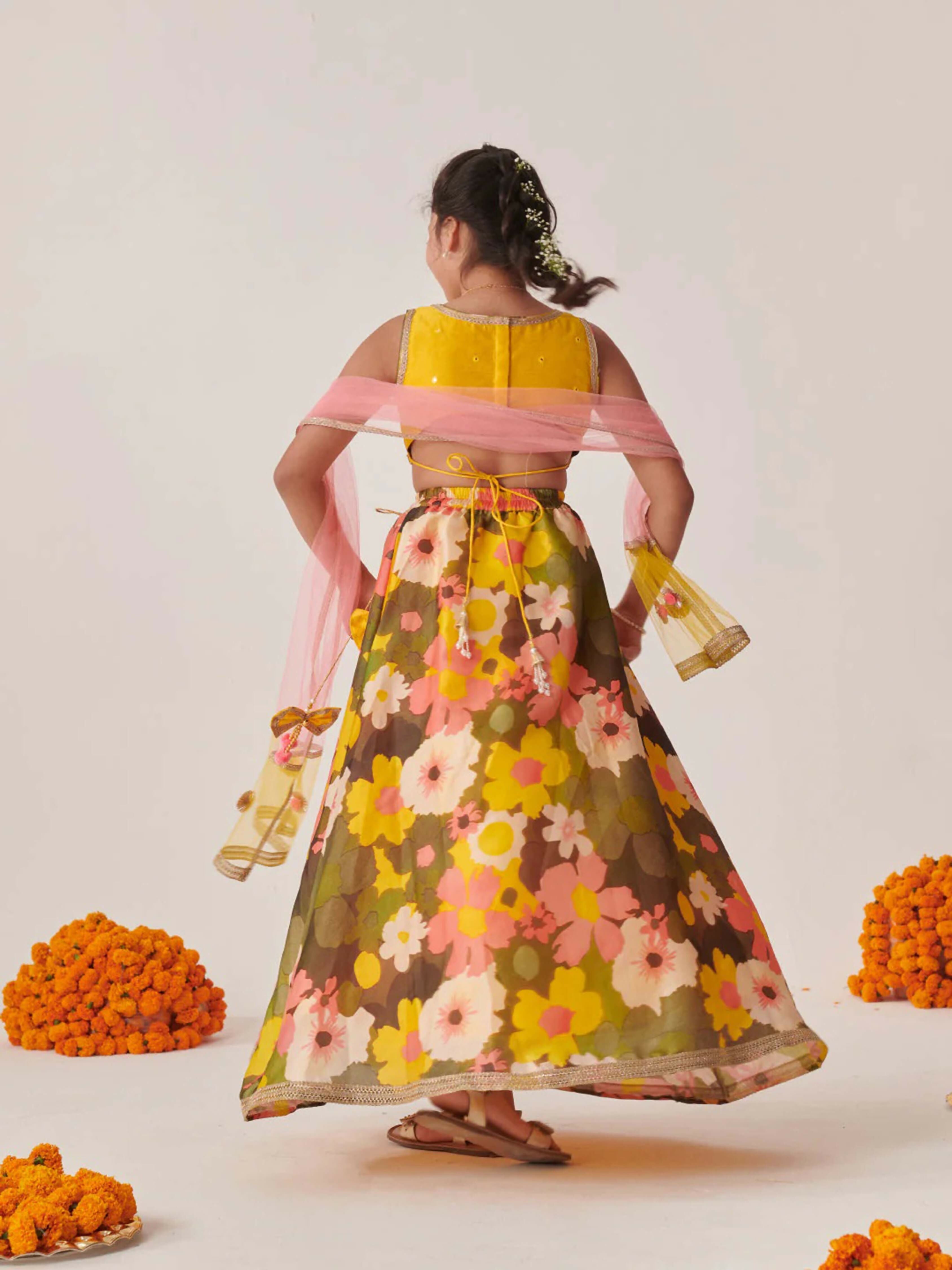 Girl's Yellow Lehenga Choli Set with Silk Blend and Net