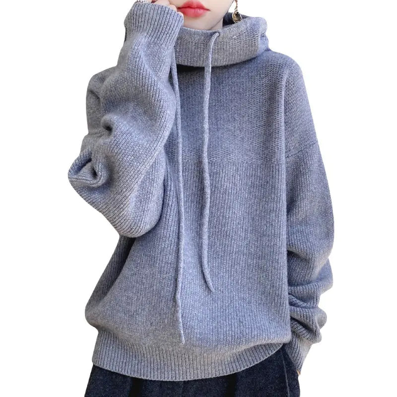 Women's Thick Wool Blend Hooded Sweater Cozy Winter Knit Pullover - Image 2