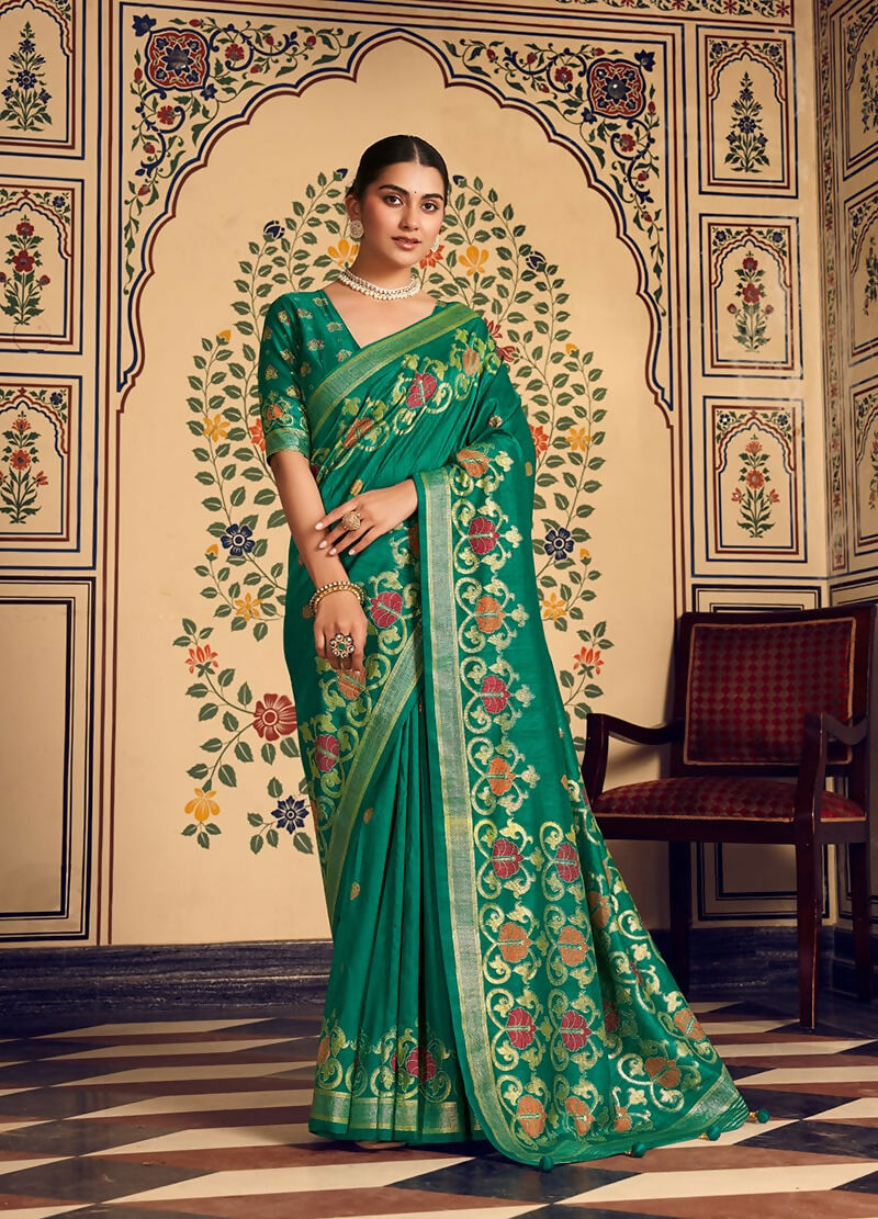 Teal silk blend Banarasi zari work saree with traditional motifs