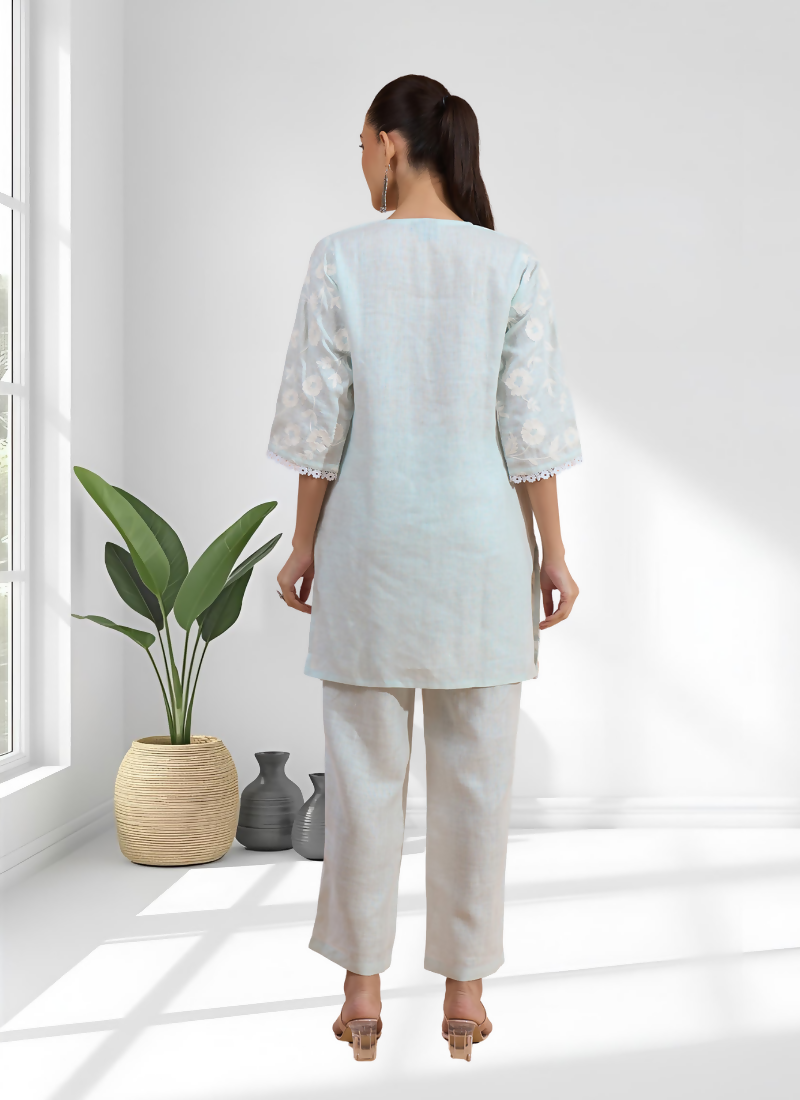 Sky Blue Embroidered Linen Cord Set – Festive & Casual Co-ord