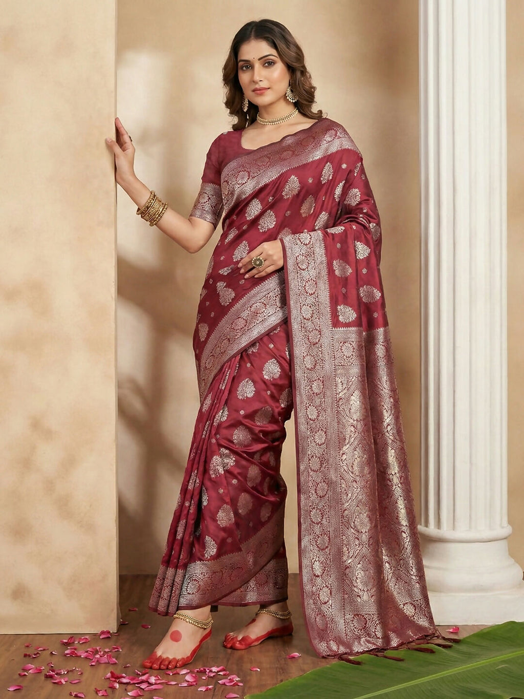 Sophisticated maroon silk blend saree with matching fabric for the blouse