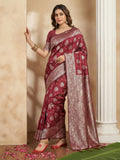 Sophisticated maroon silk blend saree with matching fabric for the blouse