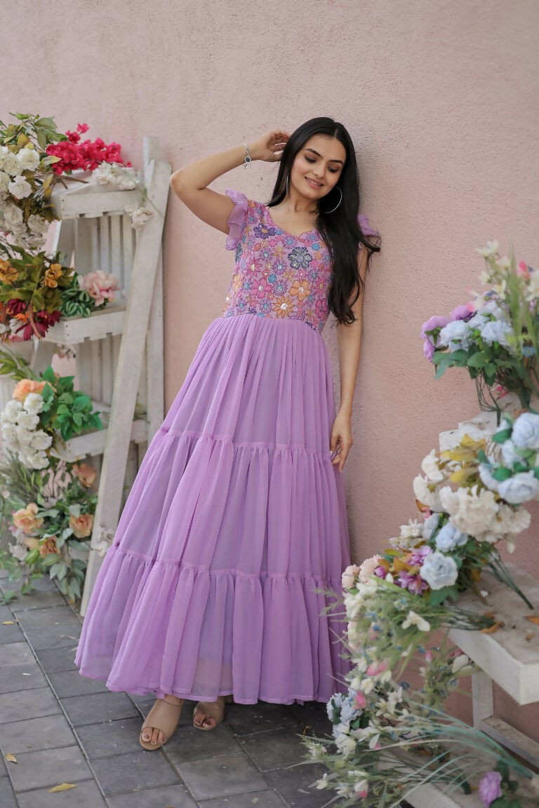 Women's Purple Floral Printed Anarkali Dress with Sequins