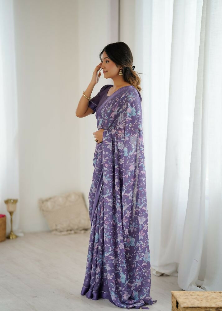 Lavender Bright Moss Satin Patta Printed Saree and Blouse