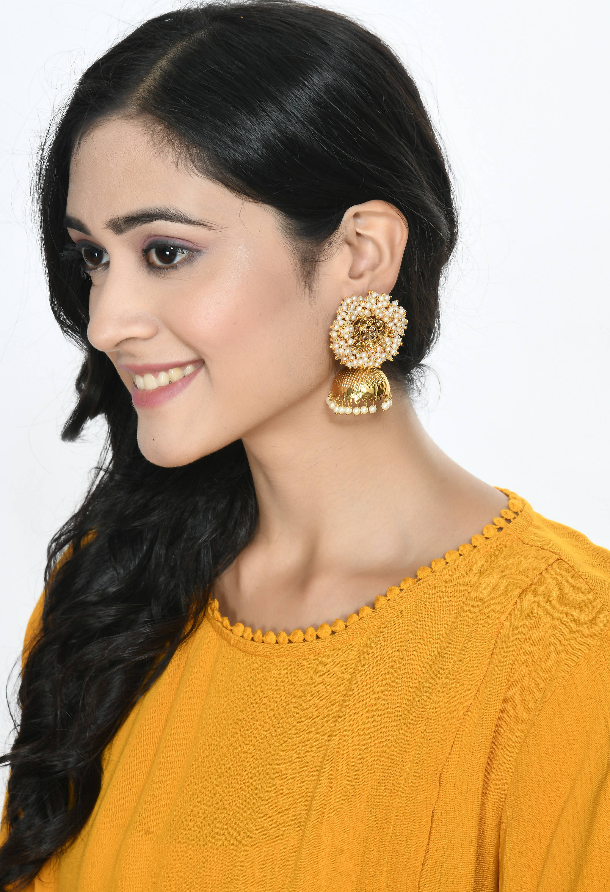 Gold-Polished Bead Jhumka Earrings for Little Girls Party Wear