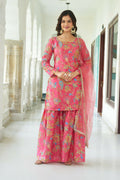 Lightweight pink Chinnon readymade kurta set with sequence detailing.