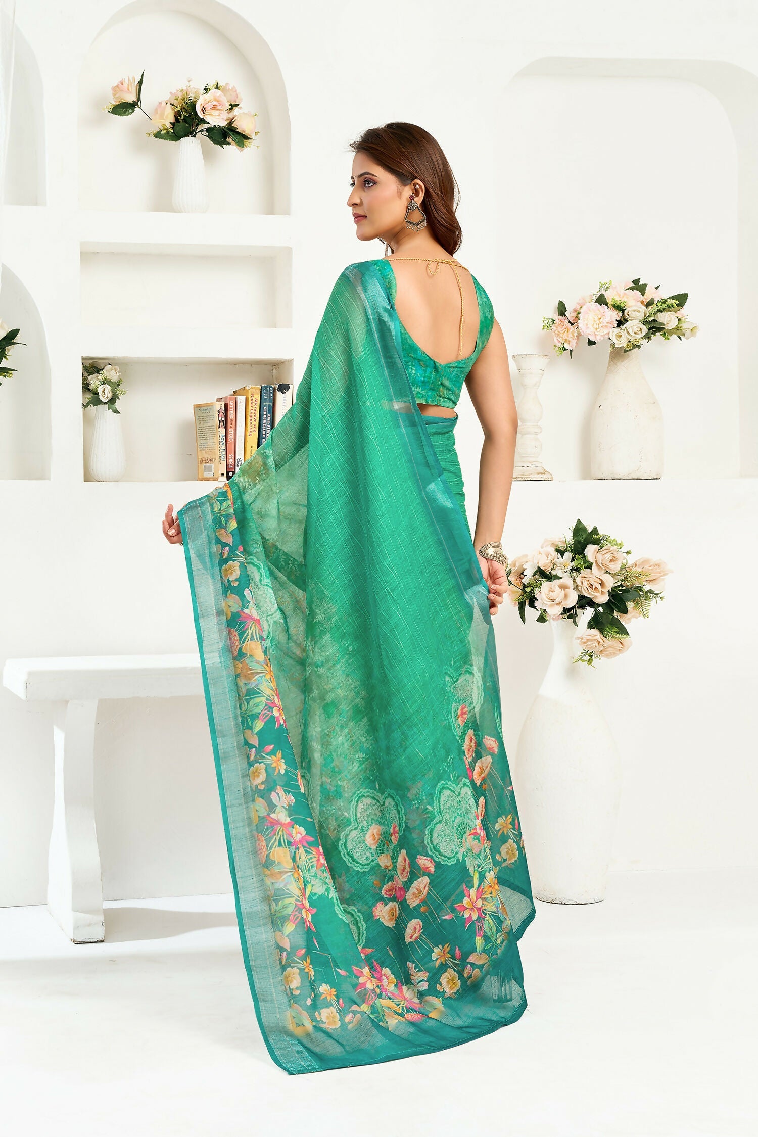 Rama Green Floral Linen Ready To Wear Saree with Blouse Piece