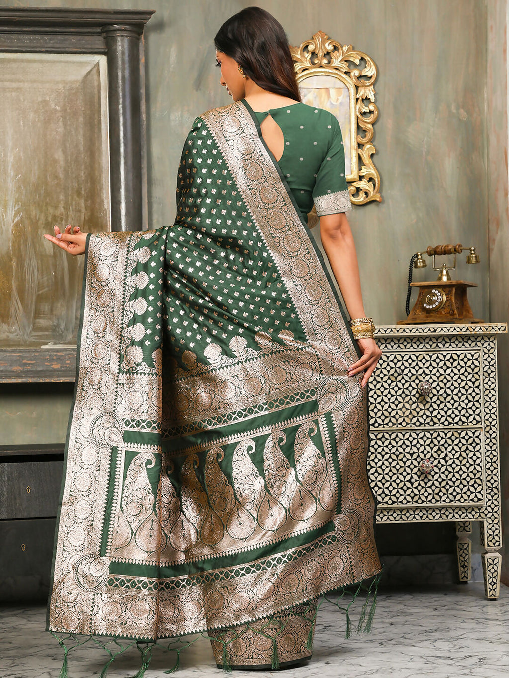 Dark Green Banarasi Silk Saree with Matching Blouse