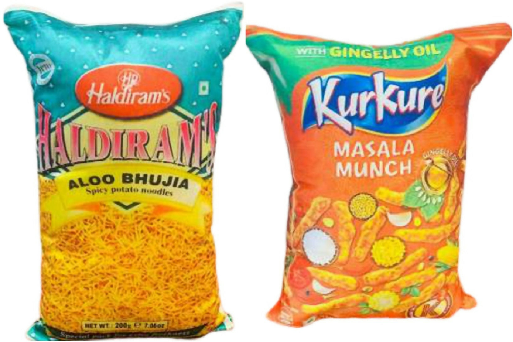 Set of two reversible snack-themed microfibre cushions for kids on a neutral background