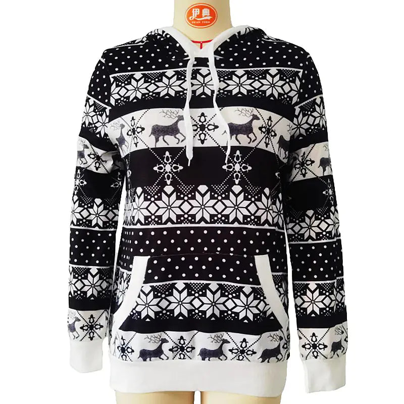 Women's Black and White Christmas Print Hooded Long Sleeve Top - Image 5