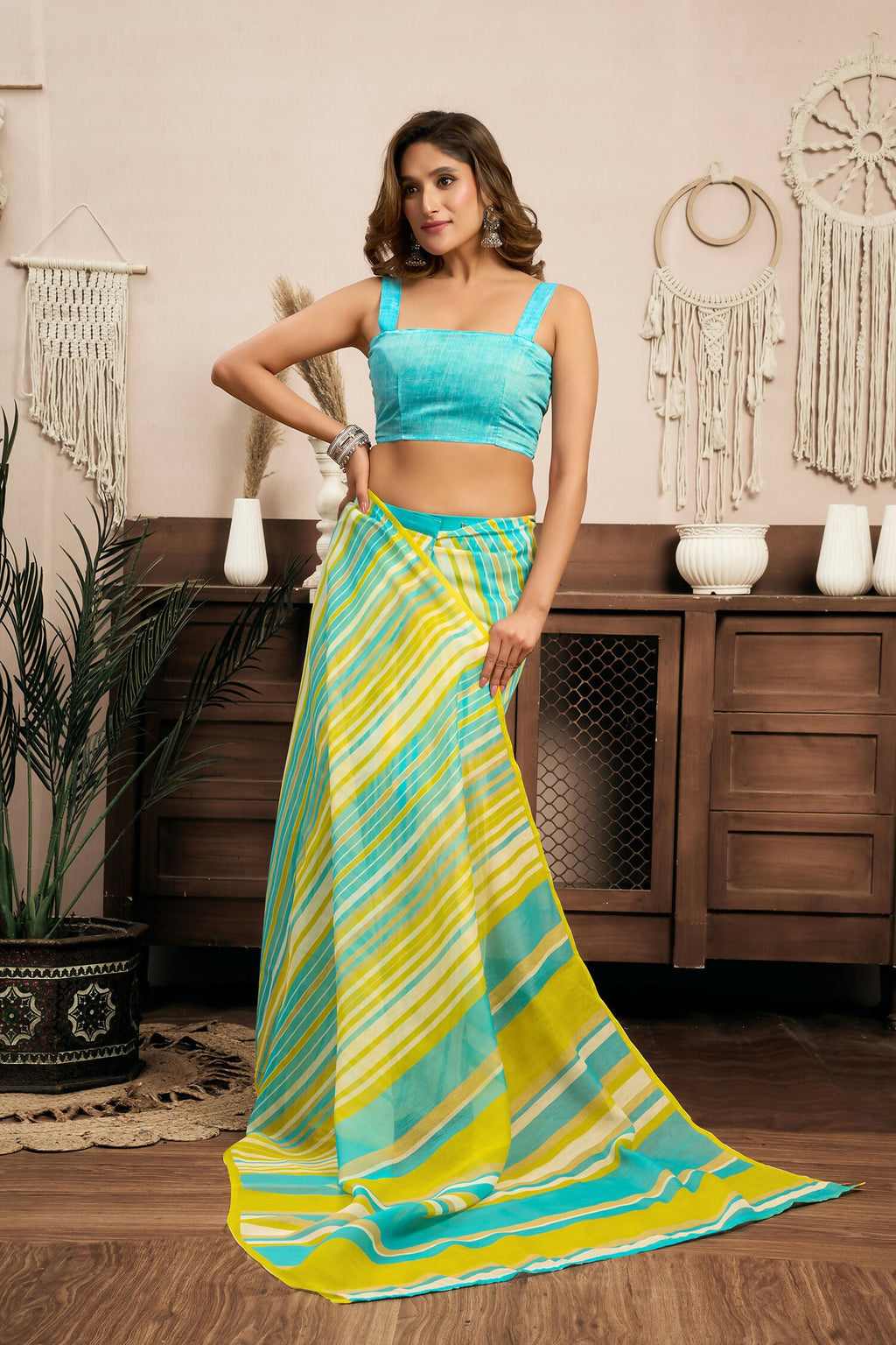 Yellow Leheriya Linen Ready to Wear Saree with Turquoise Blouse