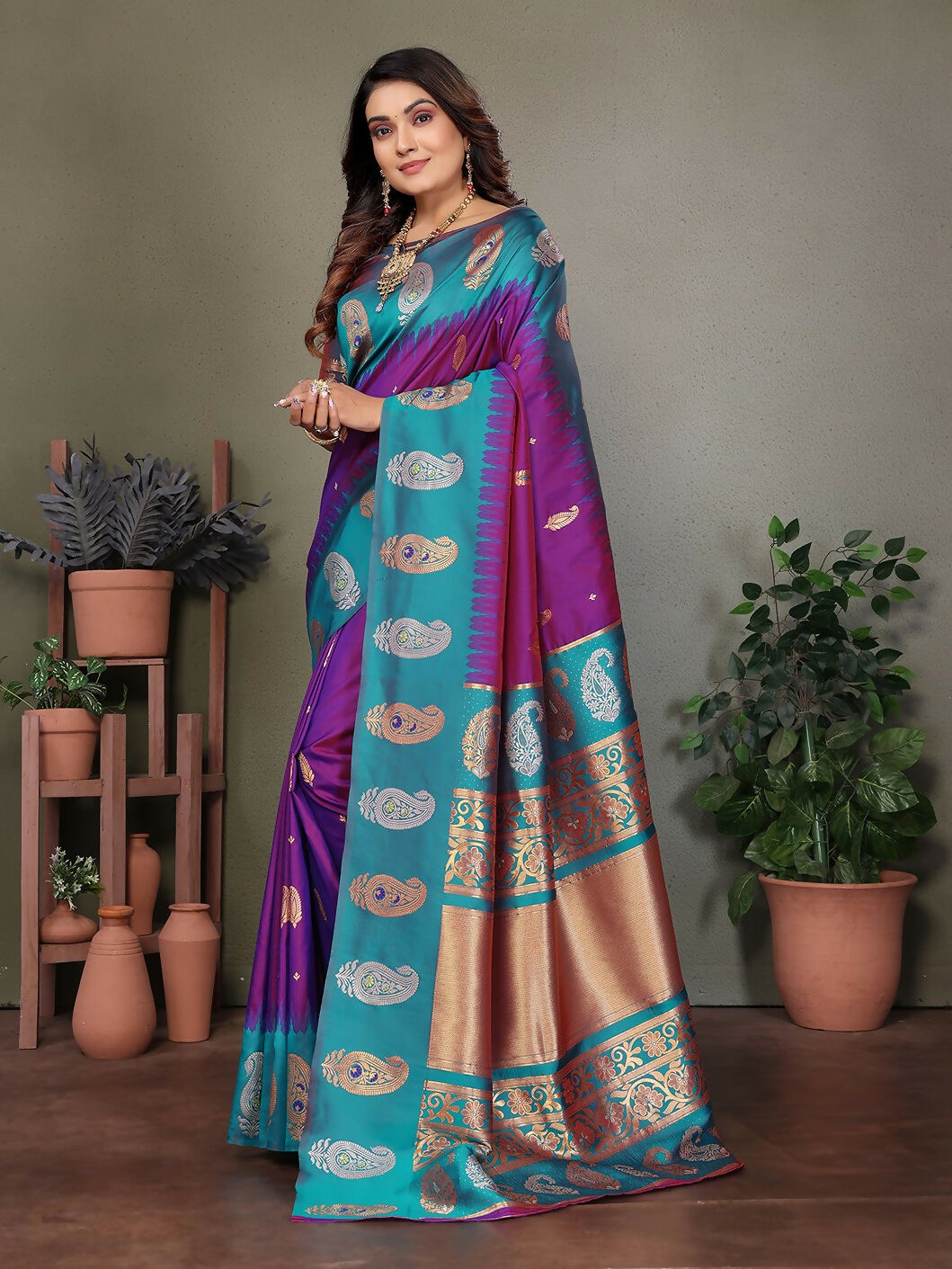 Purple Banarasi Soft Silk Saree with Butti Detailing