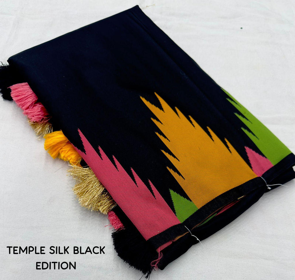 Black Polycotton Saree with Temple Woven Design and Ivory Blouse