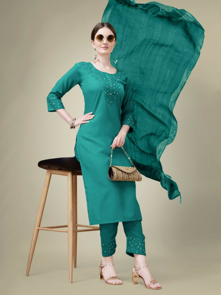Women's Teal Cotton Blend Embroidered Straight Kurta with Trouser & Dupatta