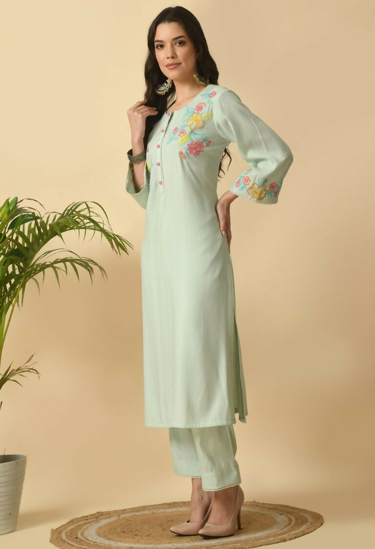 Light Green Cotton Rayon Kurta Set for Women - Ethnic Wear