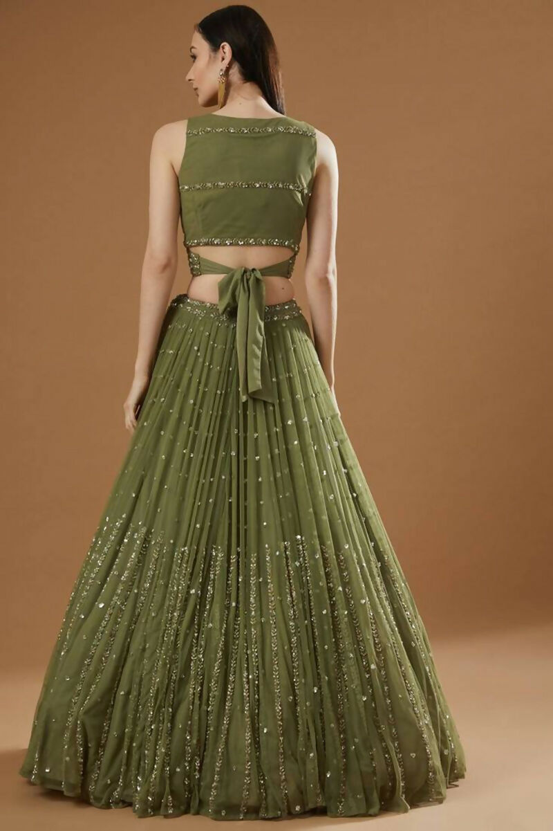 Olive Green Zari and Thread Embroidered Georgette Lehenga