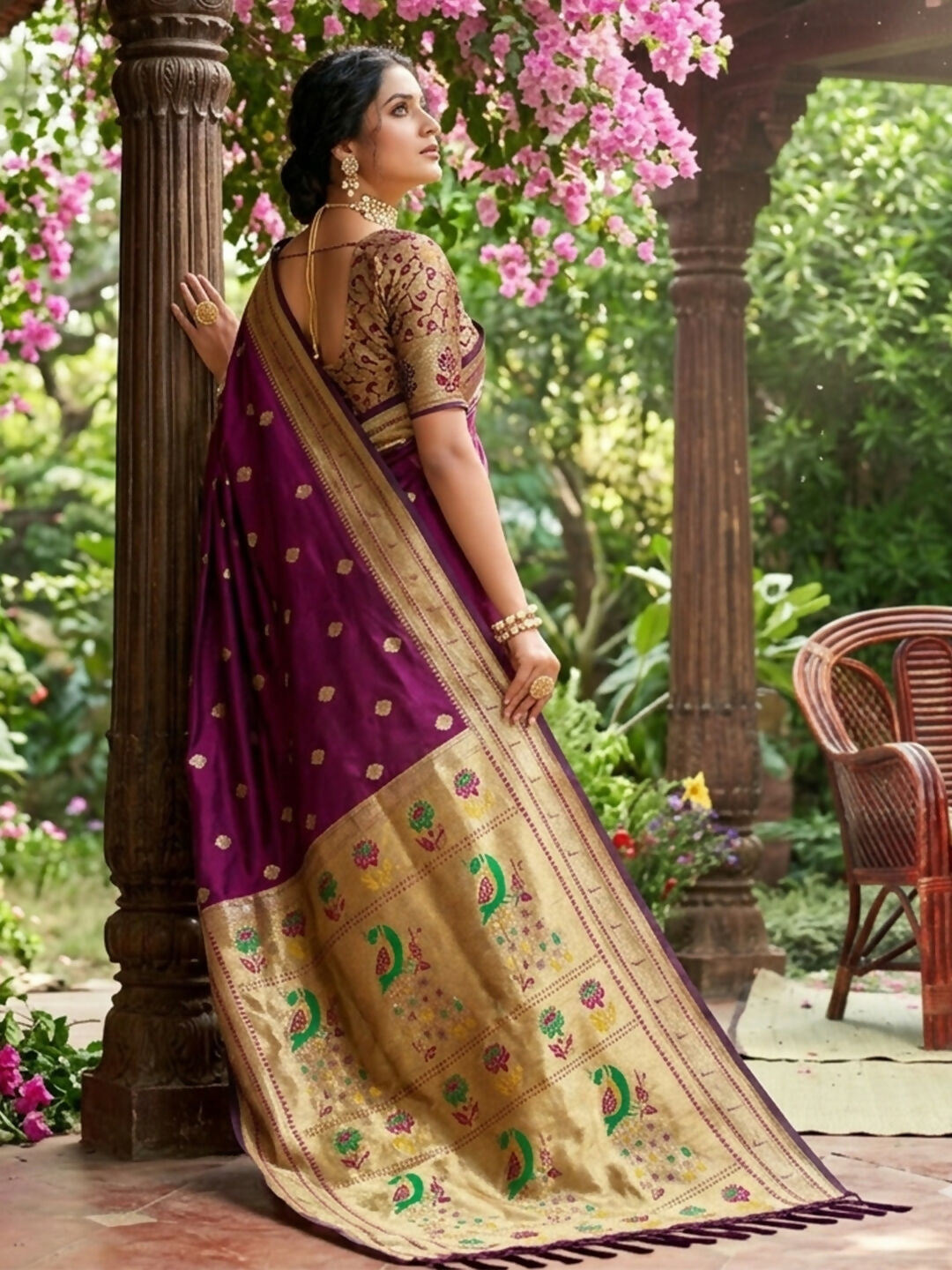 Wine Soft Silk Saree with Golden Blouse Piece