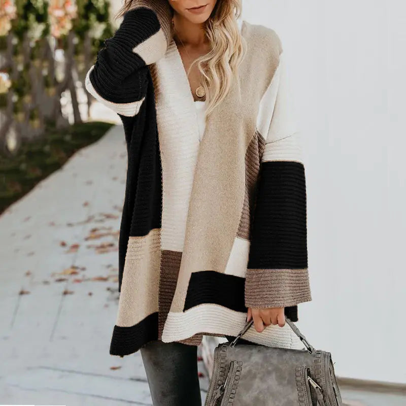 Women's Geometric Color Block Cardigan Long Sleeve Knit Sweater - Image 30