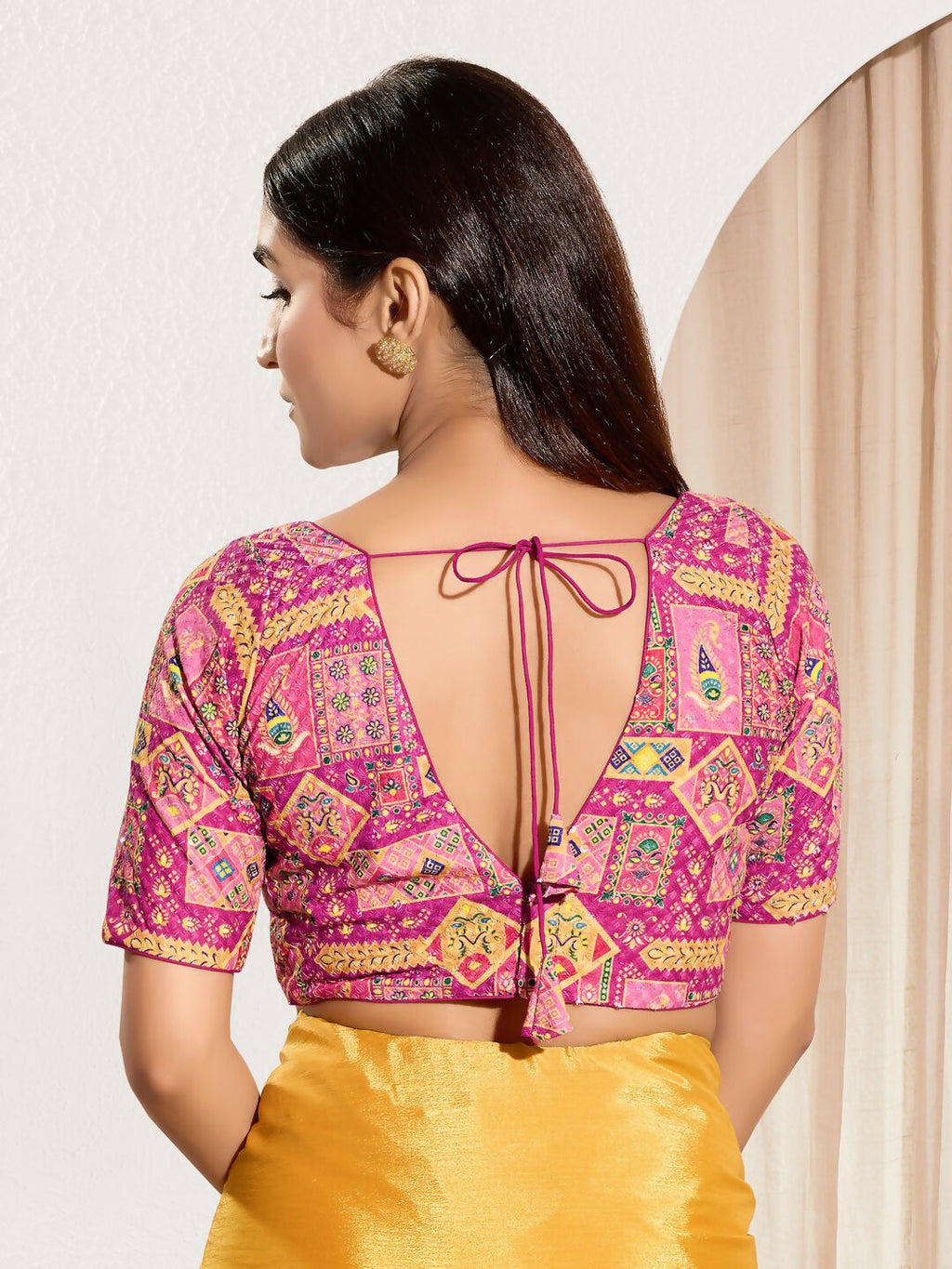 Pink Viscose Rayon Padded Blouse with V-Neck and Elbow Sleeves