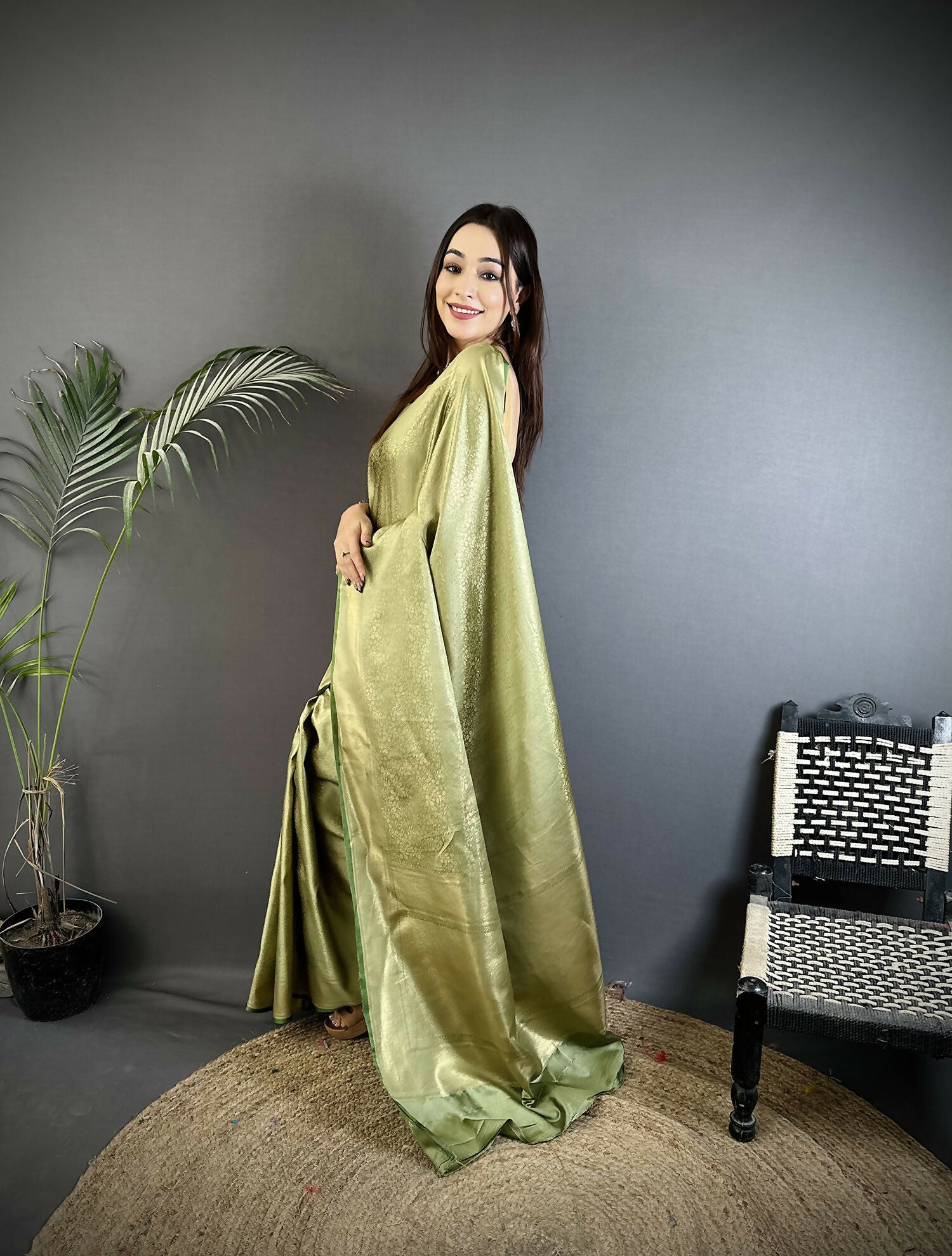 Sage Green Floral Motifs Soft Satin Silk Kanchipuram Saree