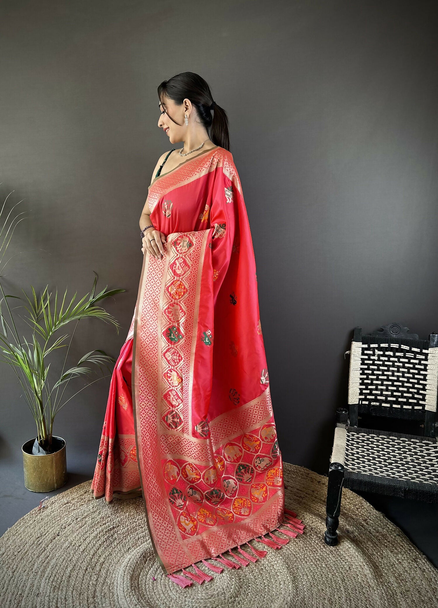 Peach Soft Lichi Silk Banarasi Saree with Elephant & Floral Motifs
