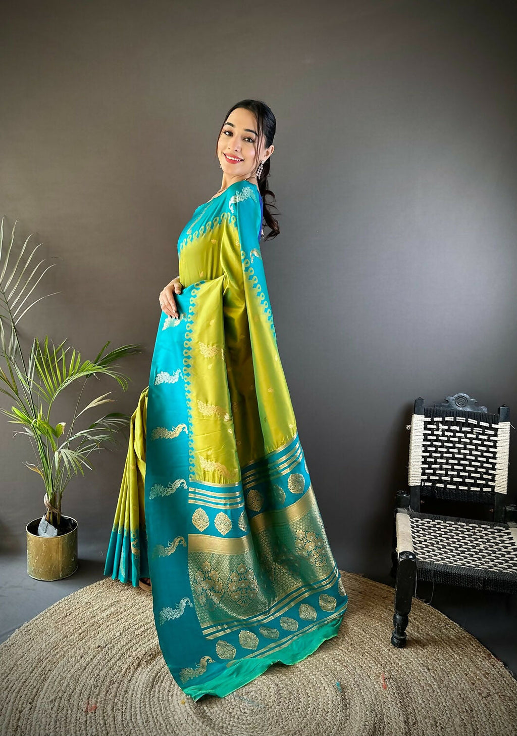 Teal Peacock Butti Banarasi Soft Silk Saree with Blouse Piece