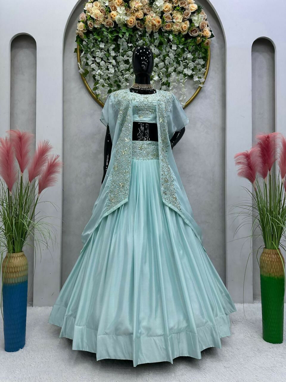 Sky Blue Chinon Lehenga Choli with Sequins Embroidery & Shrug
