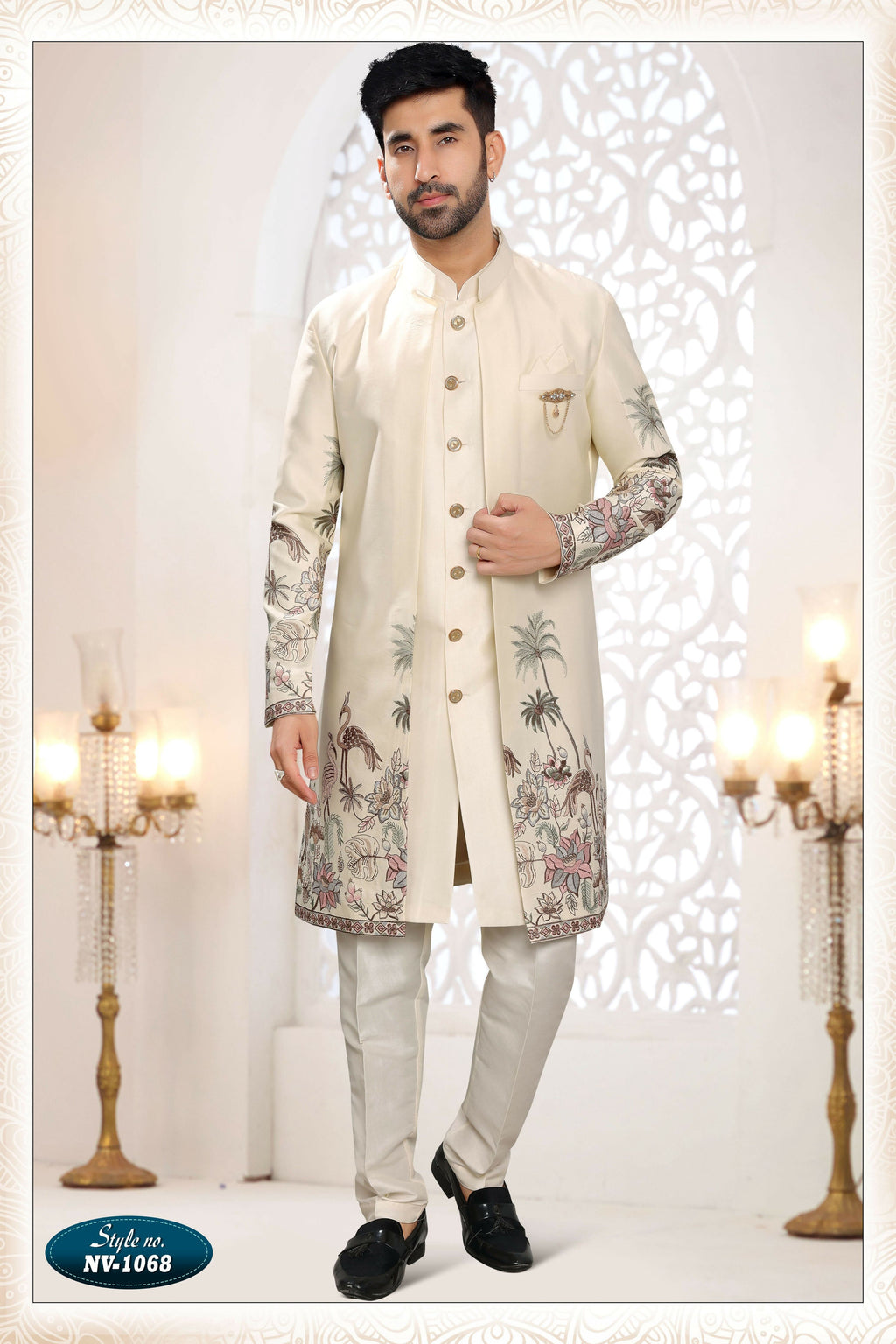 Men's cream silk 3-piece kurta set with all-over thread and sequins embroidery