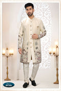 Men's cream silk 3-piece kurta set with all-over thread and sequins embroidery