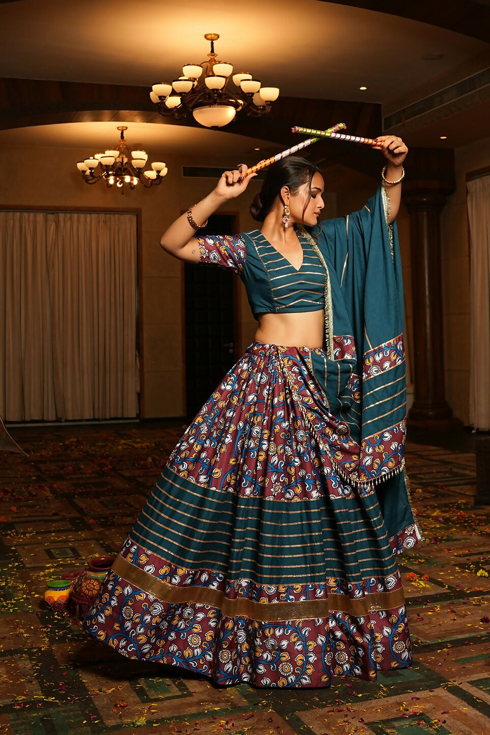 Rama Crepe Floral Designer Navratri Lehenga Choli Set