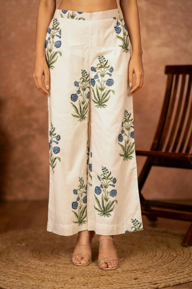 Off White and Blue Hand Block Printed Cotton Suit Set