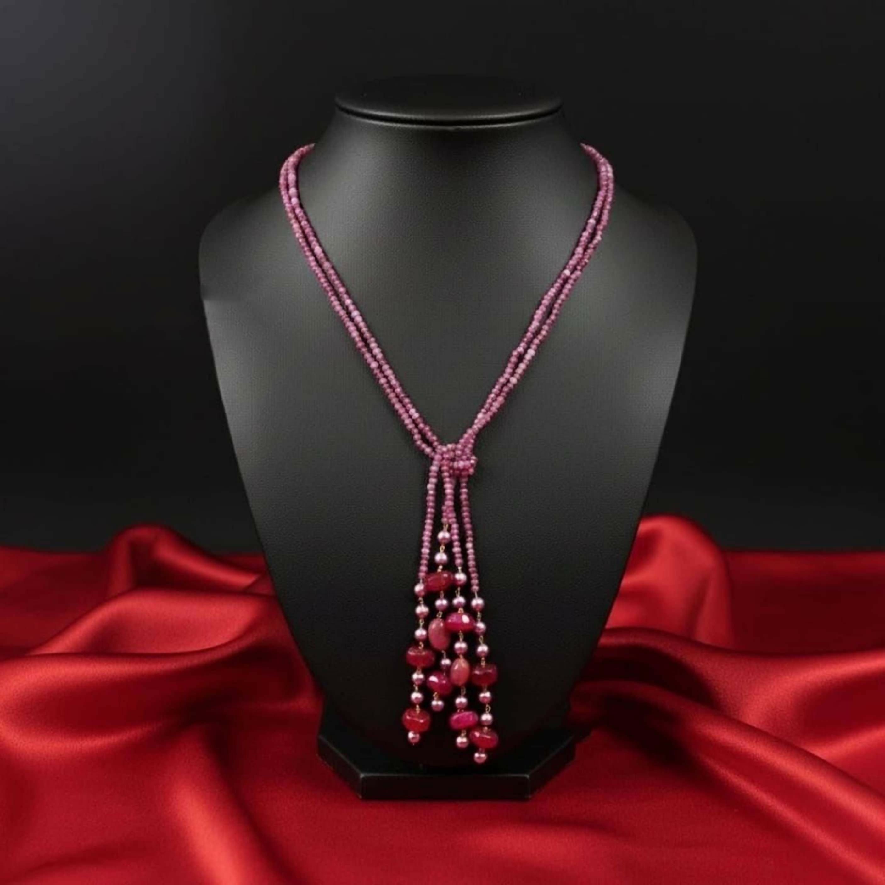 2-line pink Agate bead statement necklace on a white background