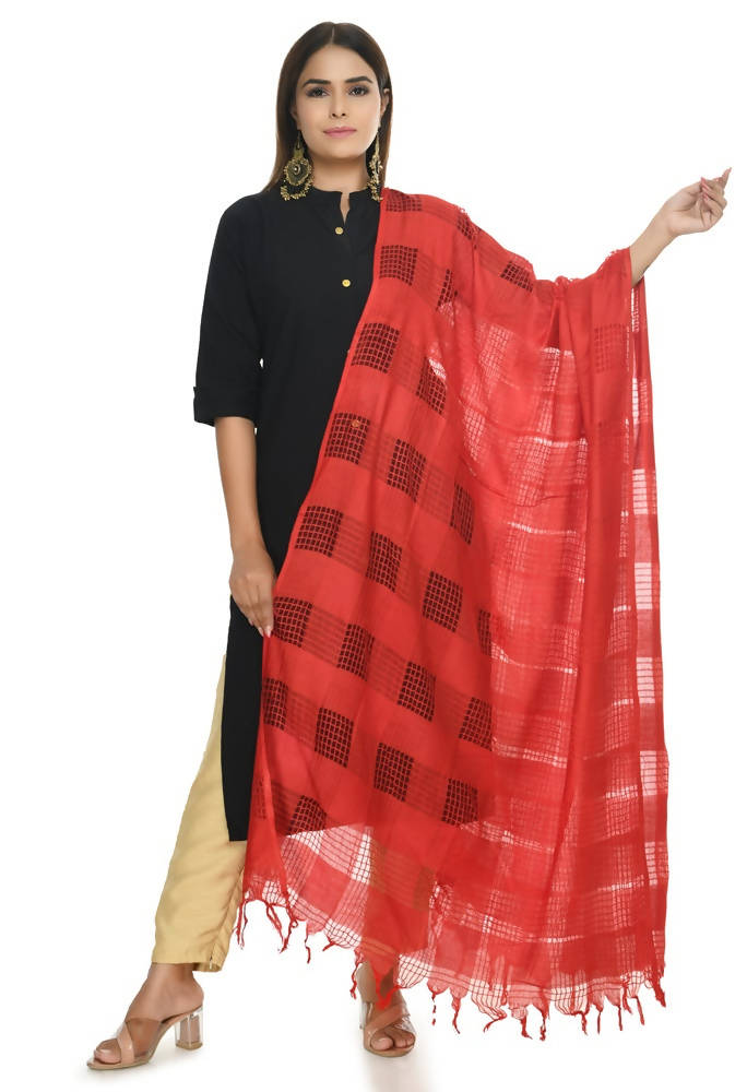 Red Window Pattern Cotton Dupatta for Women - 2.40m