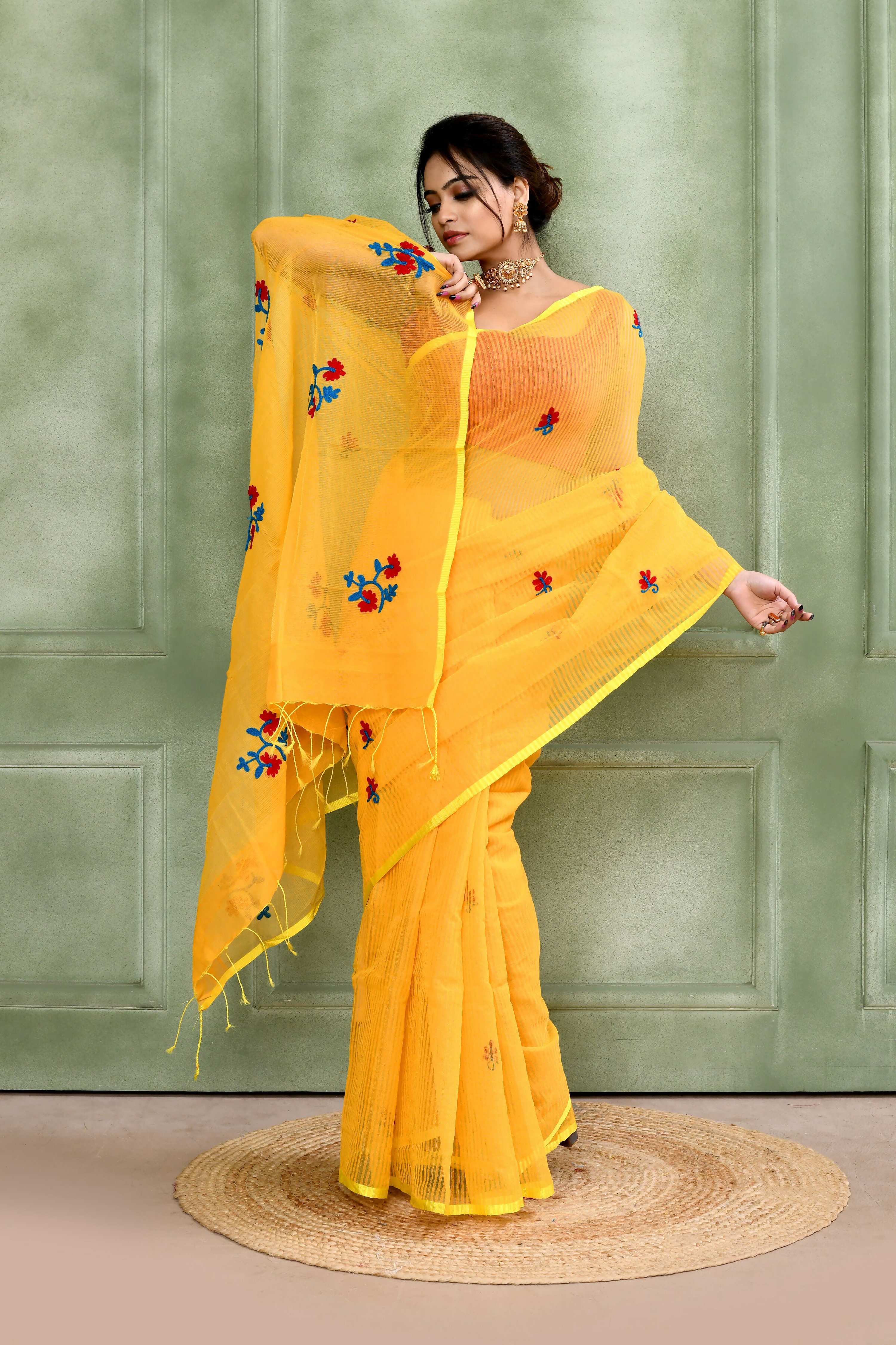 Yellow Embellished Cotton Blend Embroidery Saree
