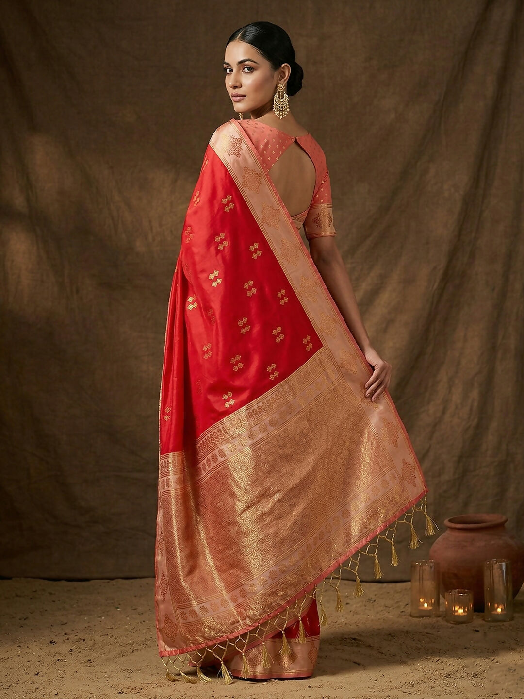 Red Soft Silk Saree with Contrast Peach Blouse for Elegant Events