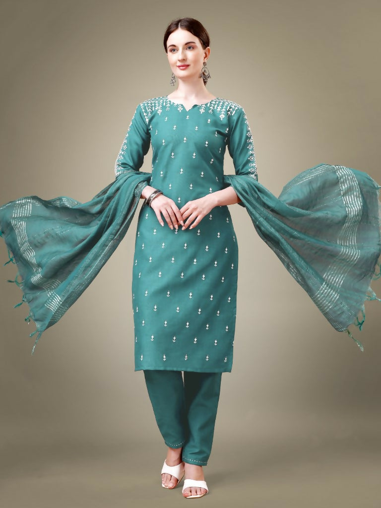 Teal cotton blend straight kurta set featuring embroidery and sequence details with trousers and dupatta.