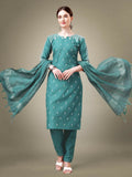 Teal cotton blend straight kurta set featuring embroidery and sequence details with trousers and dupatta.