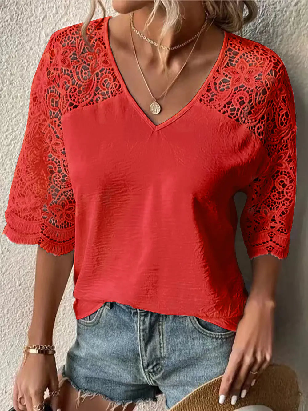 Women's V-Neck Lace Sleeve Blouse Casual Summer Top - Image 19
