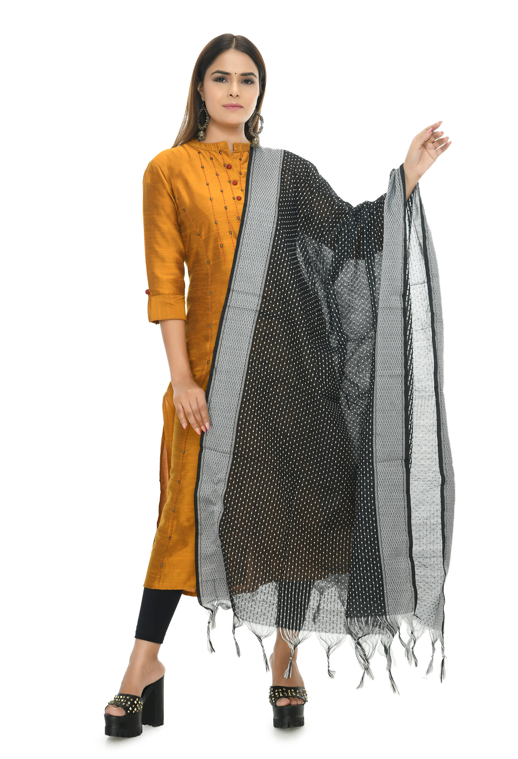Black Dot Pattern Handloom Cotton Dupatta - Chic Ethnic Accessory