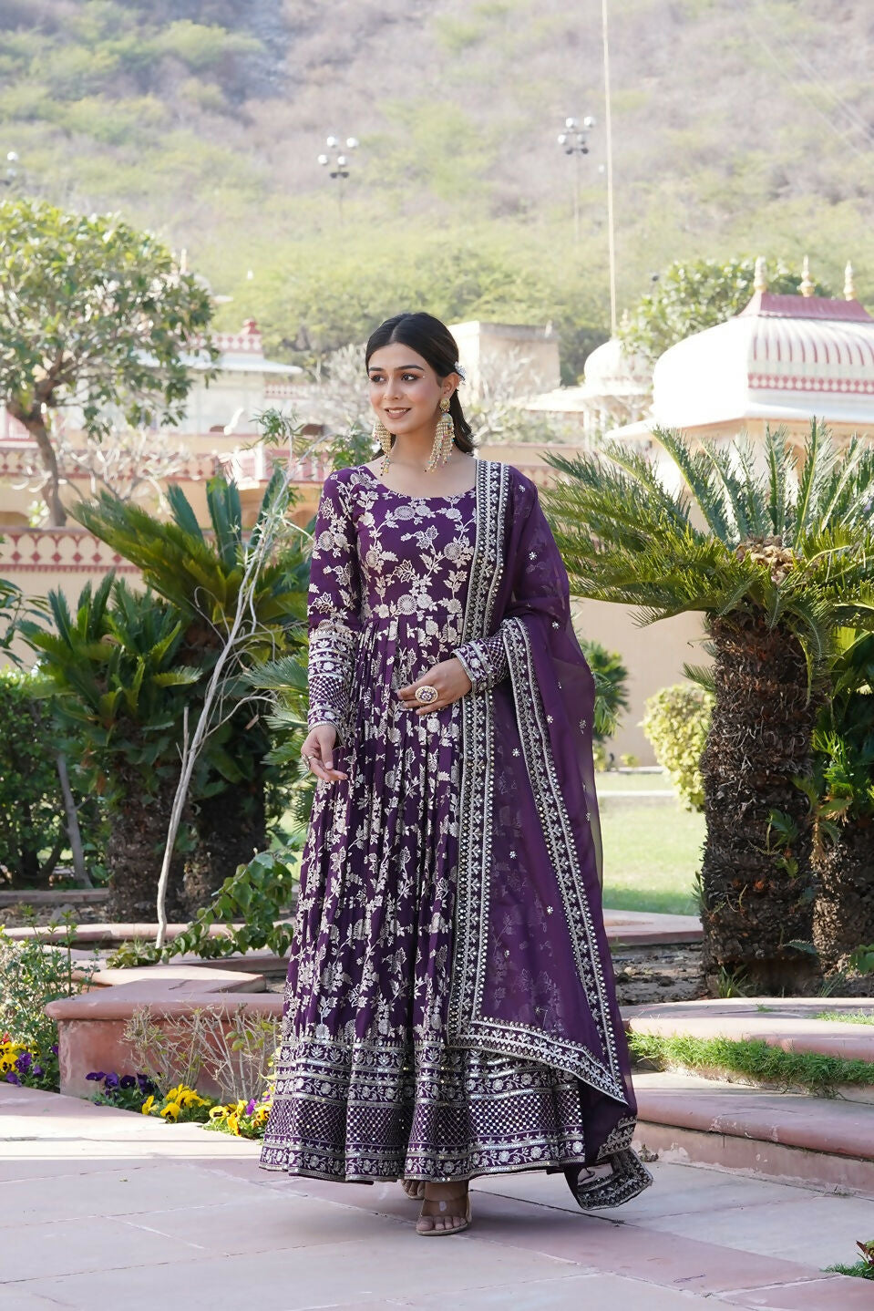 Wine Viscose Jacquard Kurta Set with Sequence Embroidery