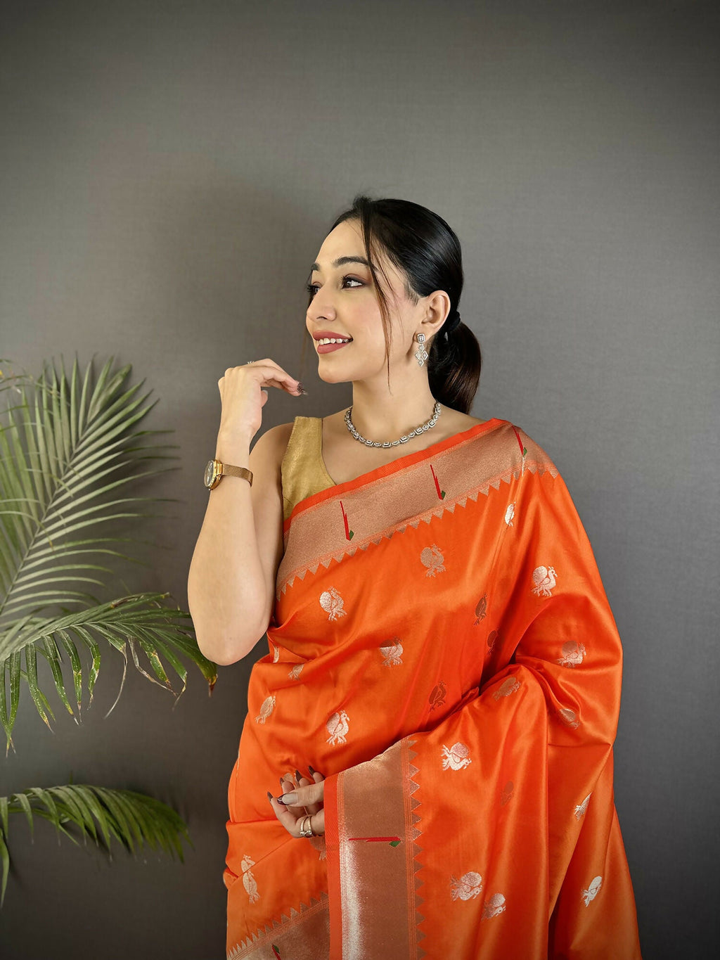 Orange Peacock & Floral Motif Soft Silk Kanchipuram Saree