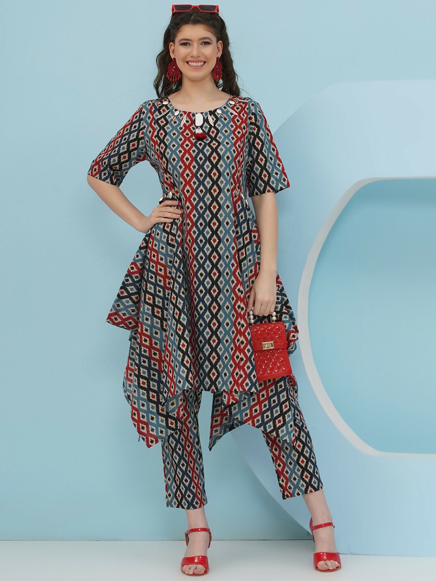 Blue Red Ikkat Printed Cotton Co-ord Set