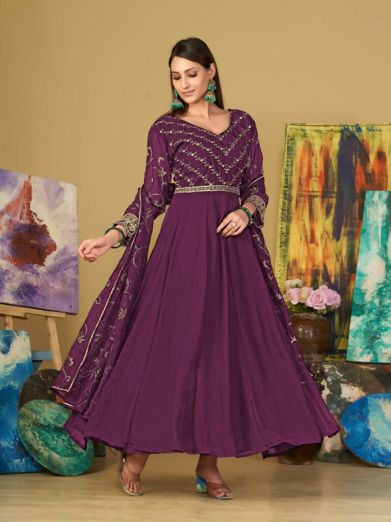 Purple embroidered georgette Anarkali suit with pants and dupatta