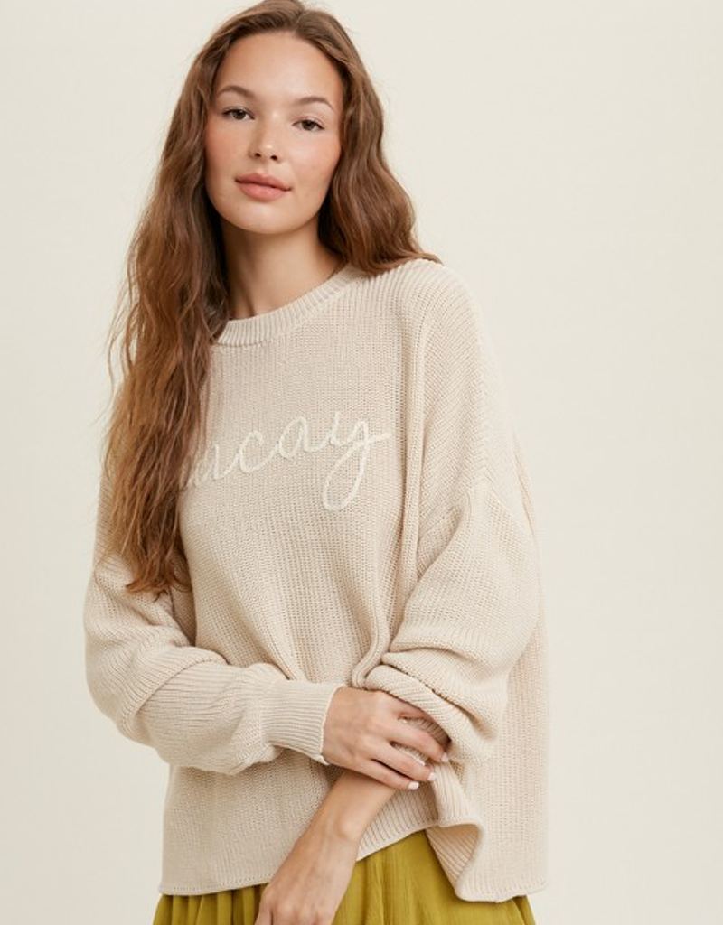 Vacay Handstitched Crewneck Sweater in Natural Knit