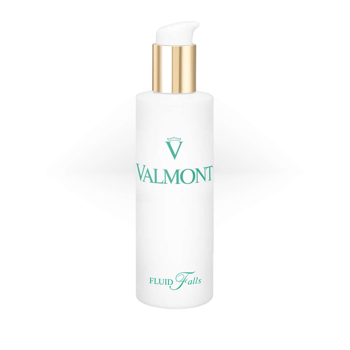 Valmont Fluid Falls creamy emulsion makeup remover in luxury white and gold packaging.