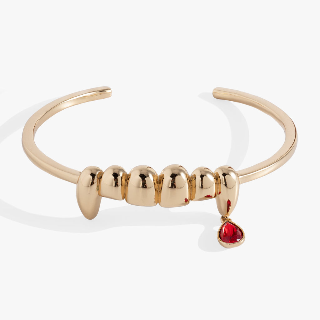 Vampire Teeth Fangs Cuff Bracelet in Silver and Red Gothic Style