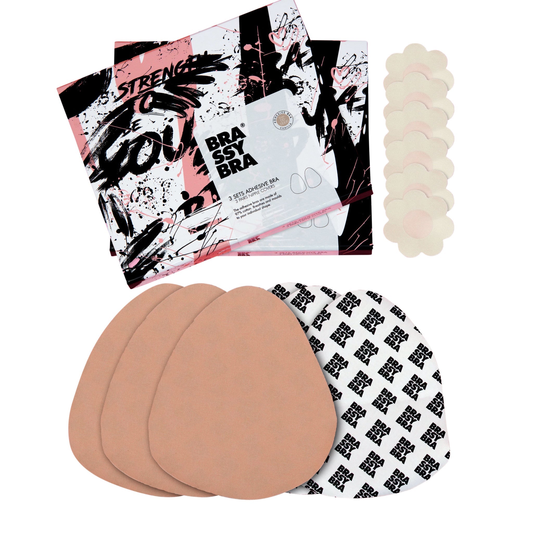 Brassybra Vanilla cotton adhesive breast tape and nipple covers in neutral beige packaging