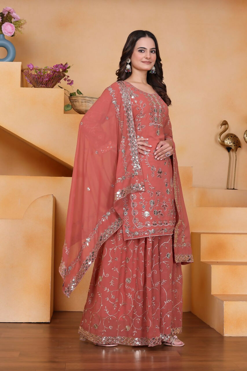 Pink Georgette Embroidered Sharara Set with Kurti