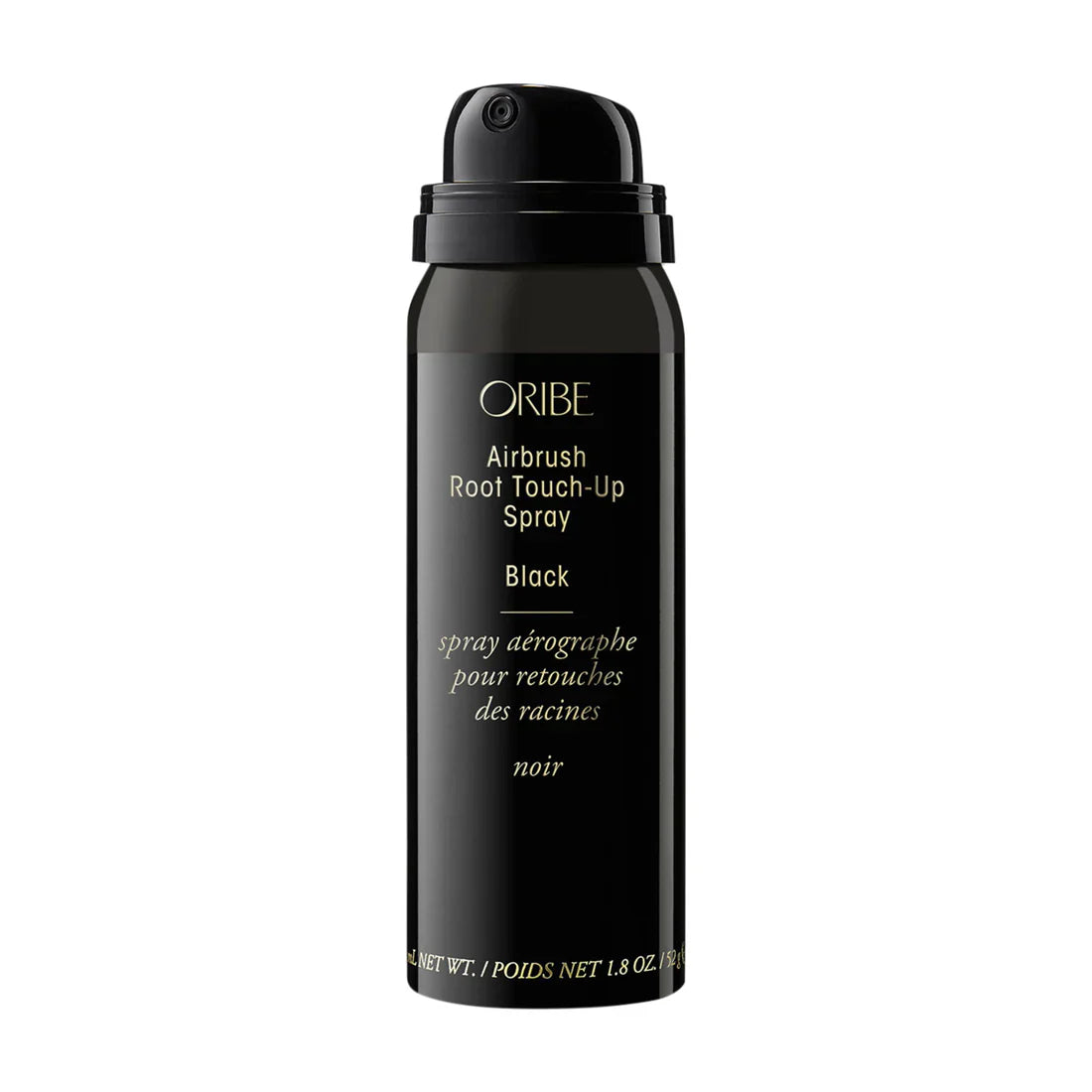 Oribe Airbrush Root Touch-Up Spray canister in various shades including black, blonde, dark brown, and platinum.